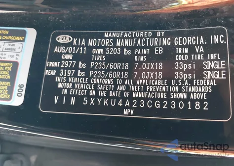 2012 Kia Sorento Ex V6 z USA, uszkodzony, nr VIN 5XYKU4A23CG230182